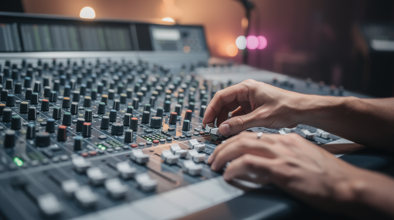 Sound engineer working on an audio mixing console during a sound check