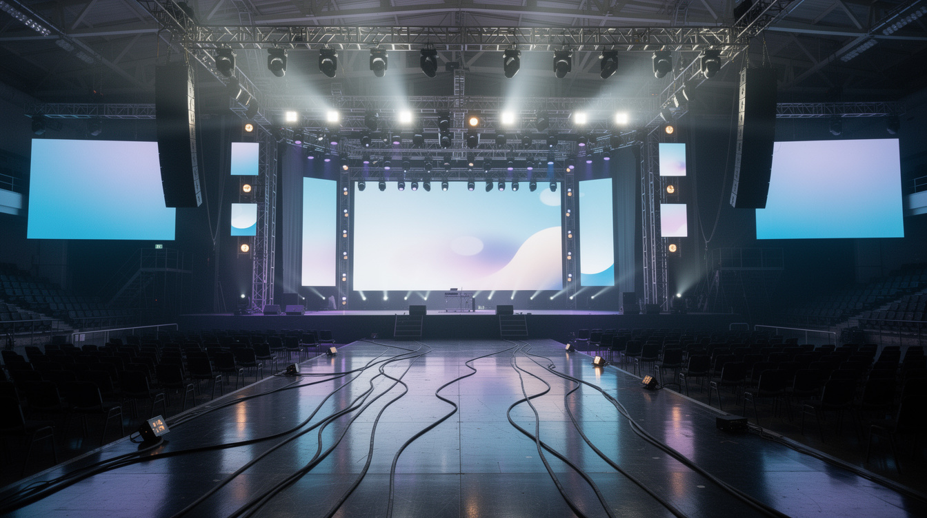 Wide shot of an arena stage rigged with lighting and screens