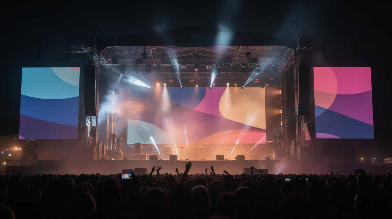 Festival stage glowing at night with layered coloured lights