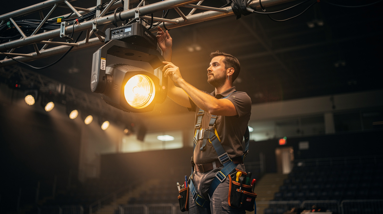 Technician adjusting stage lighting fixtures before a show