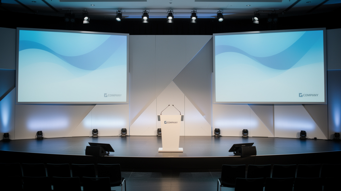 Corporate conference stage with branded lighting and screens