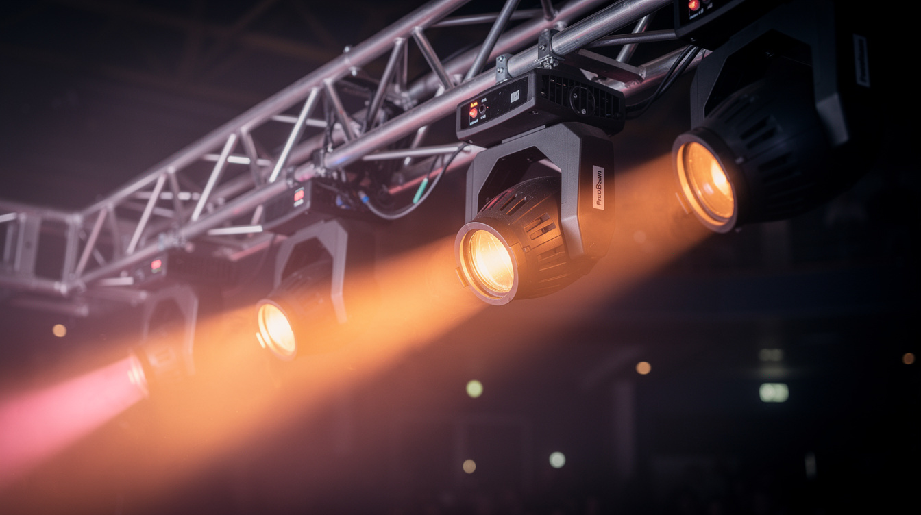 Moving-head stage lights glowing in warm colours