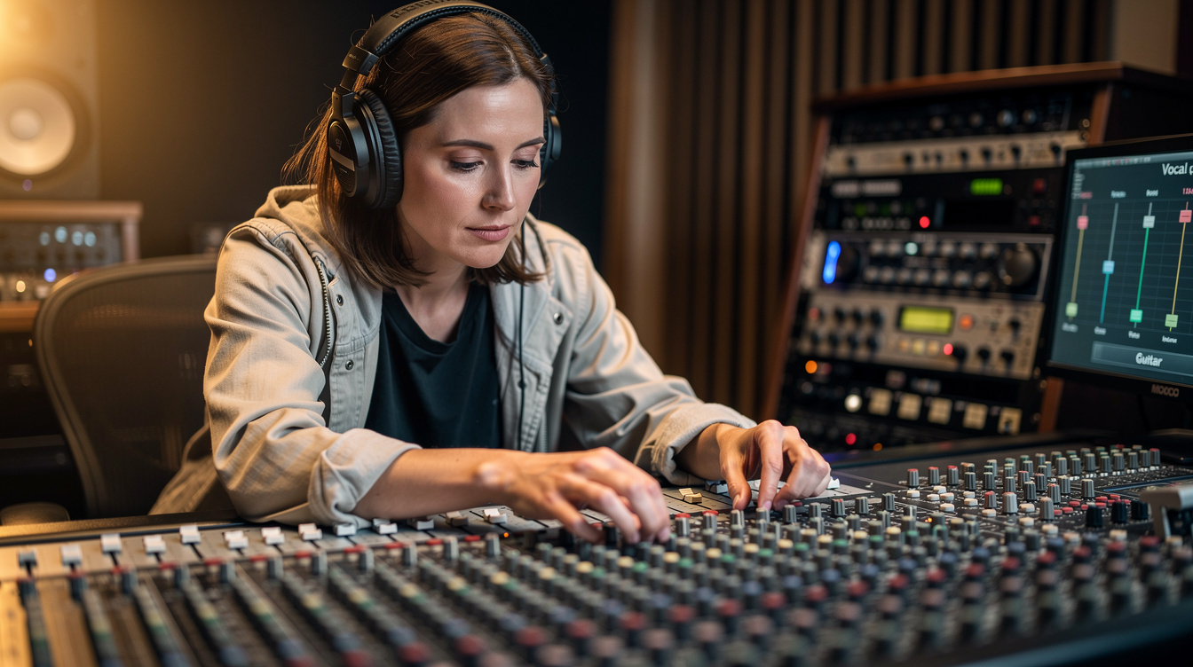 Sound engineer wearing headphones checking audio levels