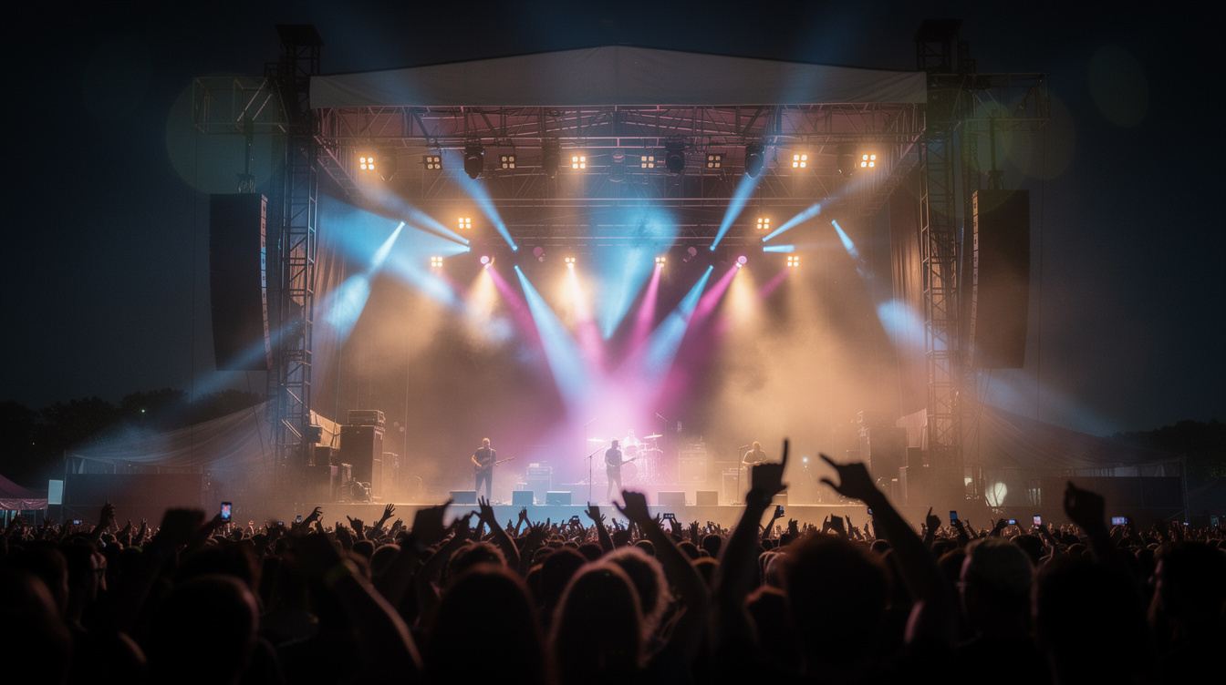 Music festival stage with beams of light cutting through smoke