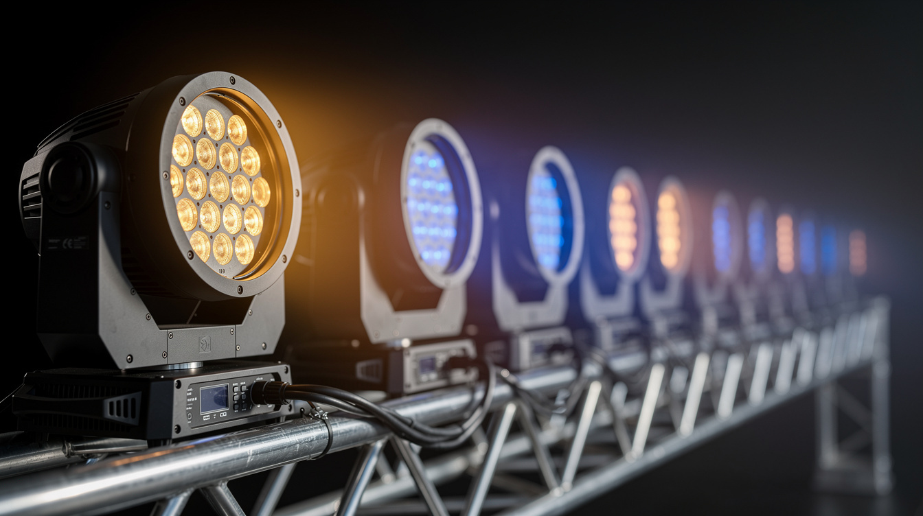 Close-up of LED stage lighting fixtures glowing in the dark
