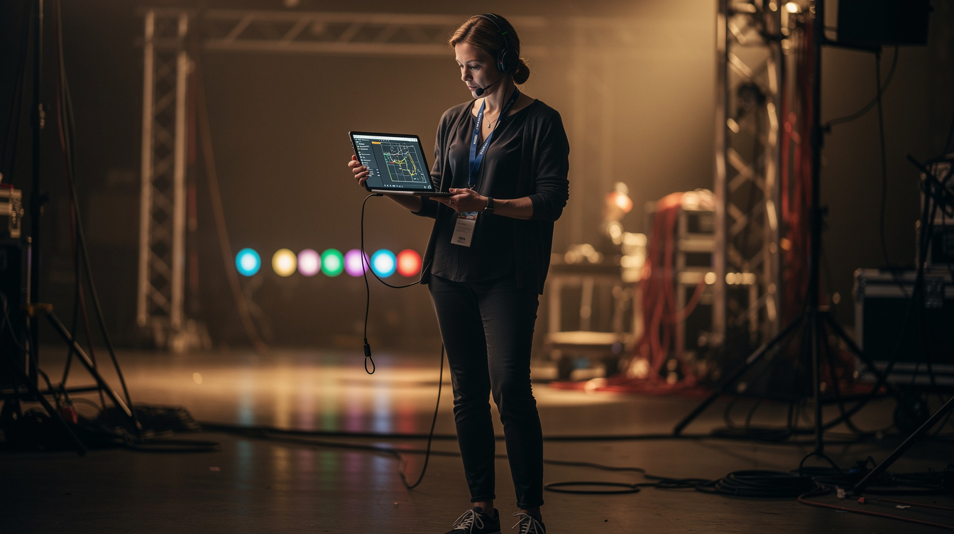 British production planner reviewing a lighting plot on a tablet