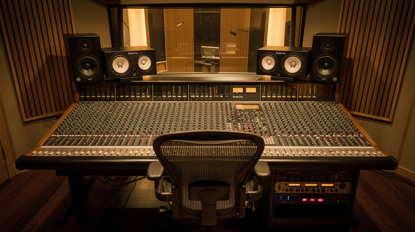 Recording studio control room with mixing desk and monitors