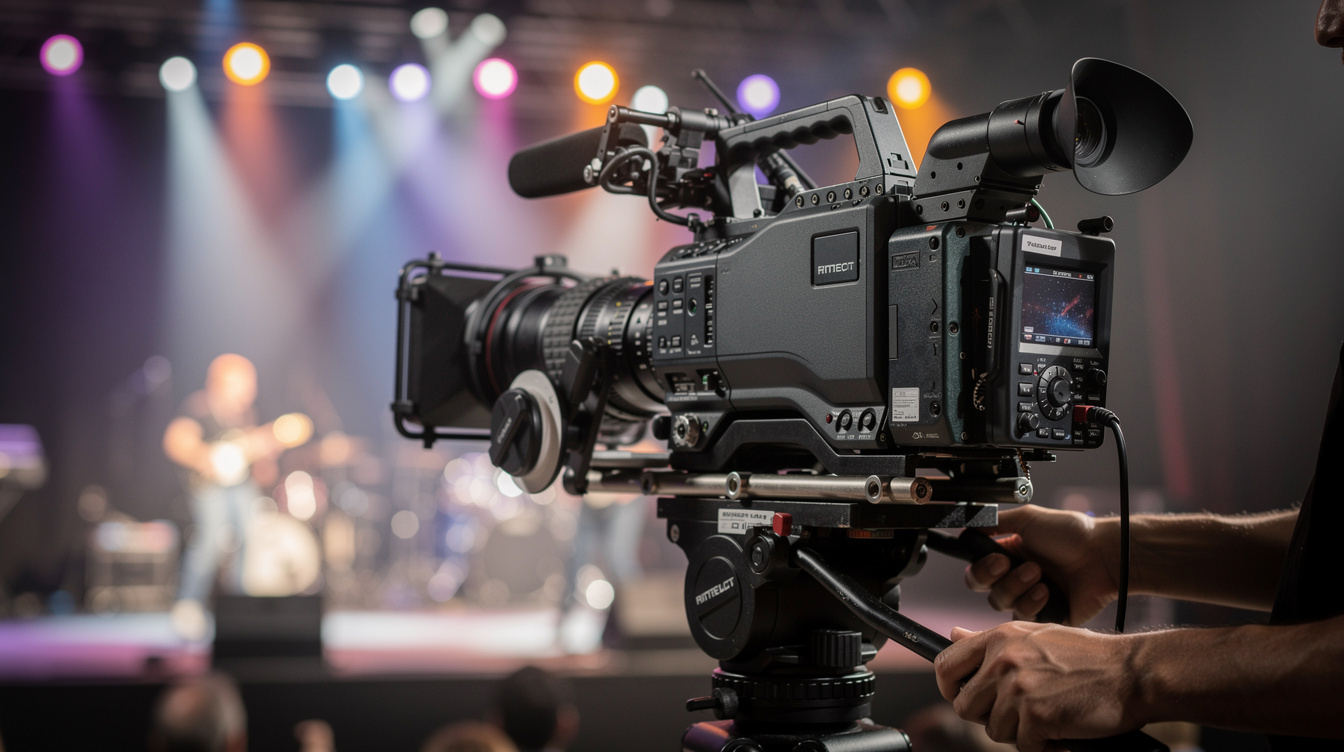 Video camera on a tripod filming a live stage performance