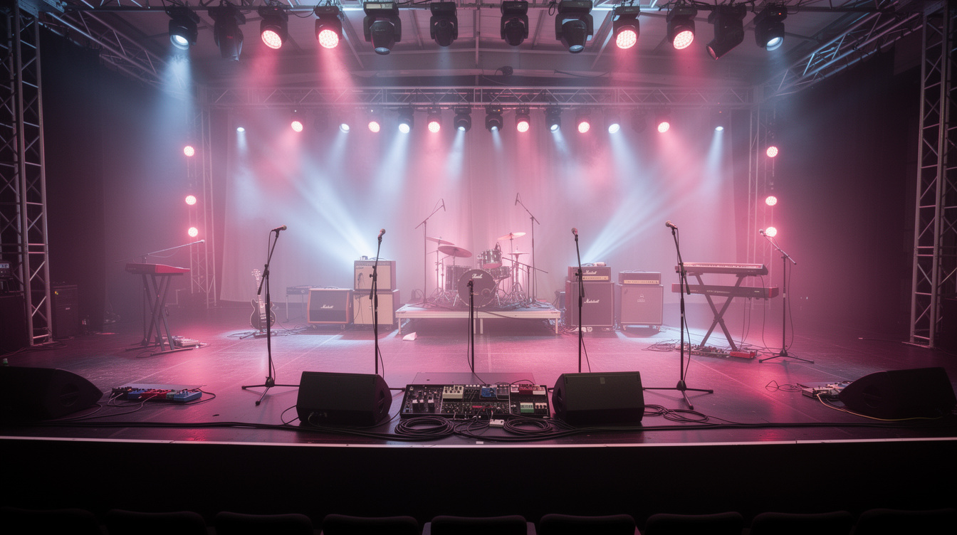 Wide view of a concert stage lit with pink and blue lighting