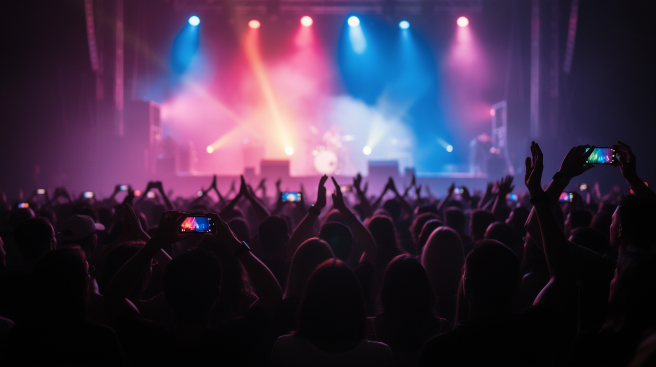 Crowd watching a live show lit by colourful stage lighting