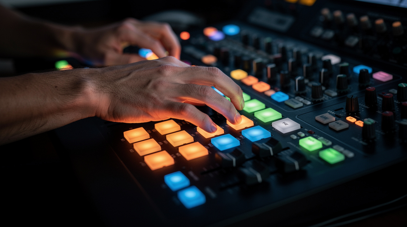 Hands operating a lighting and sound control desk during a show