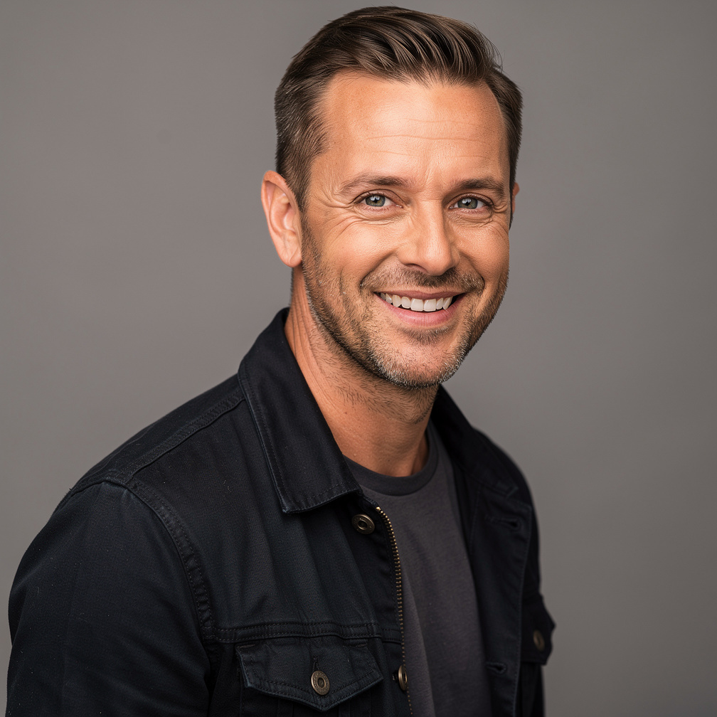 Portrait of a British lighting designer smiling