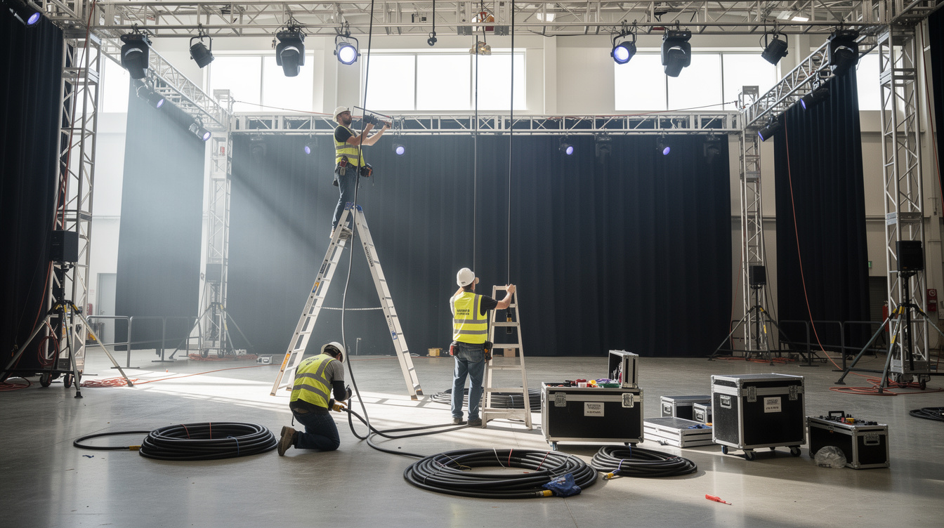 Production crew setting up lighting rigging above a stage